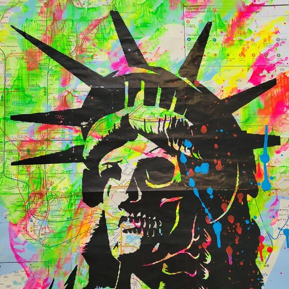 Handpainted Zombie Statue of Liberty Unique acrylic Artwork on a NYC Subway Map - Picture 4 of 9